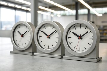 Three silver analog clocks on a grey surface white faces black hands