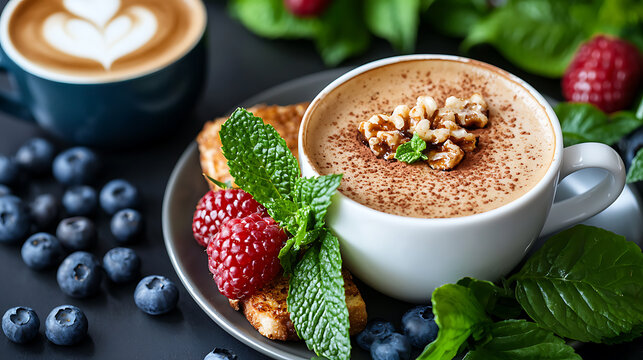 Savoring a warm cup of coffee with fresh berries cozy kitchen setting culinary close-up relaxing ambiance tasteful presentation