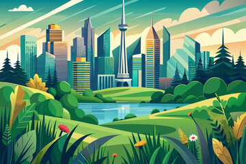 vectot of Skyscrapers can be seen from a distance from green nature and grass. The country of Canada. Canada, a beautiful view from afar...