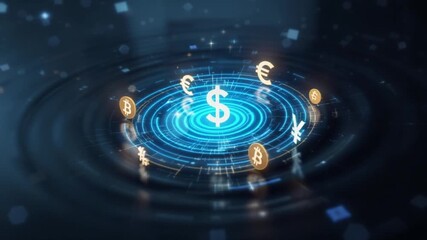 Luminous 3D currency symbols of dollar, euro, yen, and bitcoin floating over a futuristic blue digital hub. - Powered by Adobe