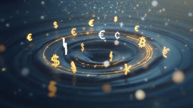 Glowing global currency symbols like Dollar, Euro, and Bitcoin circling a digital vortex.