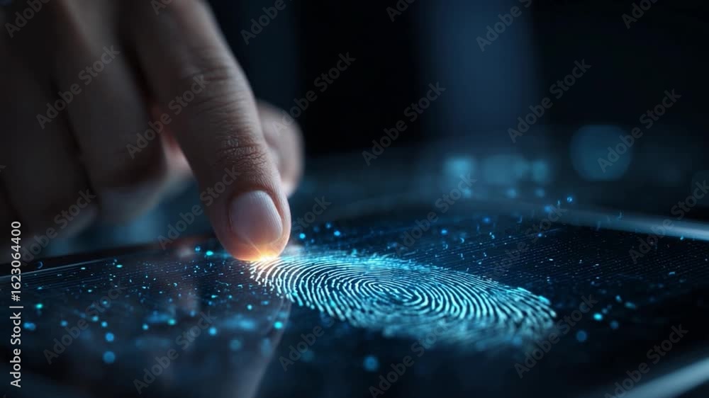 Poster biometric verification: a close-up shot of a fingertip interacting with a digital fingerprint scanne