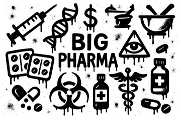 Big Pharma concept with pills, syringes, and symbols in spray paint stencil style, Transparent Background