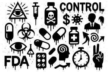Big Pharma concept with pills, syringes, and symbols in spray paint stencil style, Transparent Background