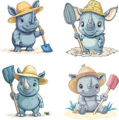 The cute Rhinoceros is wearing the beach hat and holding the shovel vector style on white background 