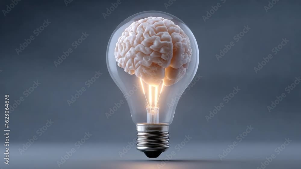 Poster brainstorming idea: a glowing concept of a lightbulb with a brain, suggesting innovative thinking an