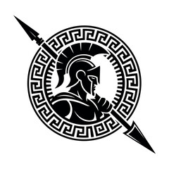 Spartan warrior emblem with spear and Greek key border soldier logo