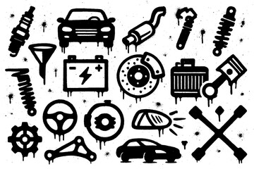 Car parts and automotive components in spray paint stencil style, Transparent Background