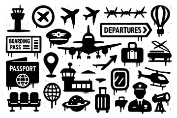 Air travel and airport icons in spray paint stencil style, Transparent Background