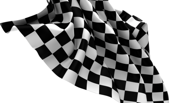 The checkered flag waves in the air signaling the end of the race