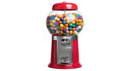 A classic gumball machine filled with colorful candies stands isolated against a clean white background, evoking nostalgia and fun.
