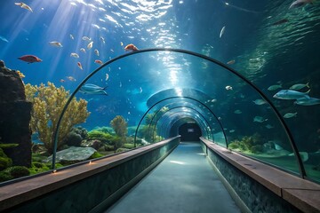 Underwater tunnel with colorful fish and coral aquarium marine life