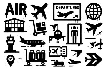 Air travel and airport icons in spray paint stencil style, Transparent Background