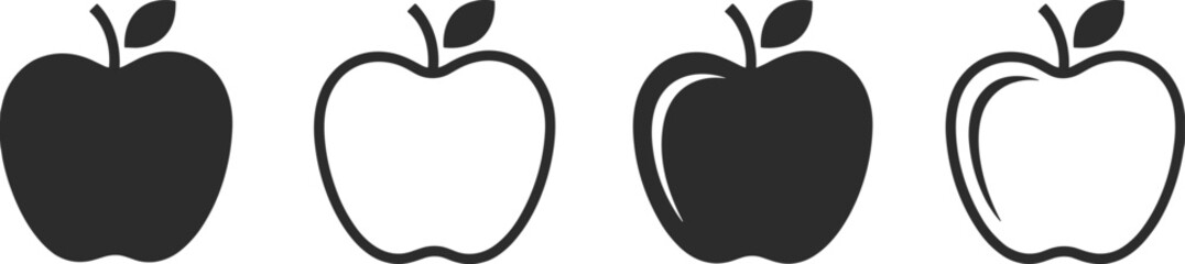 Apple icon set, solid and outline styles, fruit silhouette illustration, minimal design, black and white apples, vector food symbol pack
