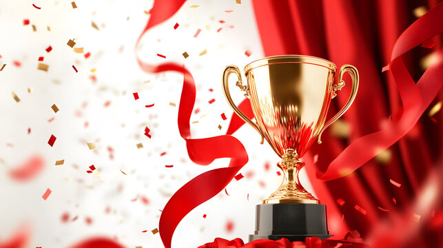 Golden trophy accompanied by red silk ribbon