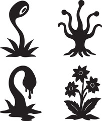 Naklejka premium Four distinct black silhouette alien plant and flower vector illustrations on a white background
