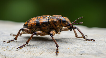 A detailed close-up shot reveals the intricate patterns on a large weevil, showcasing its robust exoskeleton and powerful legs, perfect for nature documentaries or scientific publications.