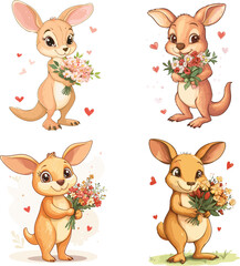 The cute kangaroo is holding a bouquet of flowers for valentine vector style on white background