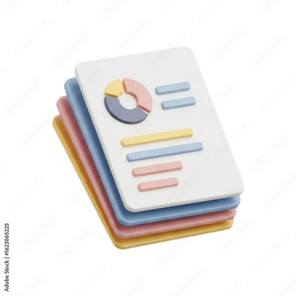 Poster stack of colorful documents with pie chart and text isolated on transparent background