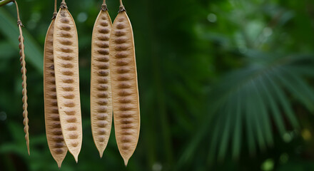 Four dried seed pods hang from a branch against a blurred tropical backdrop, showcasing nature's intricate details and textures in a vibrant, lush setting.