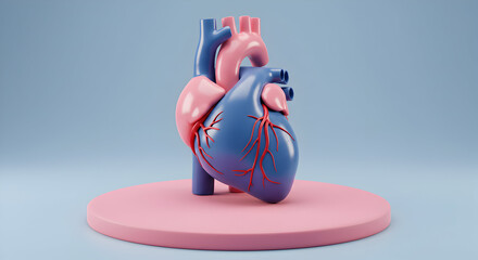 A healthy human heart 3D model, anatomical structure, medical illustration, cardiovascular system, organ, blue and pink, healthcare
