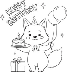 Fox Happy Birthday with Balloon Stars Baby Cake Gift box Vector Line Art Illustration with Large Blocky Letters Coloring Page for kids and adults printable template
