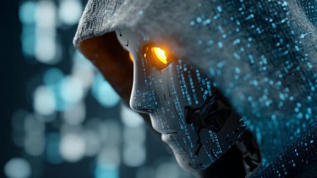 Cyberpunk Figure: A close-up of a futuristic figure with illuminated eyes, draped in a hooded cloak, staring intensely forward in a world of binary code.