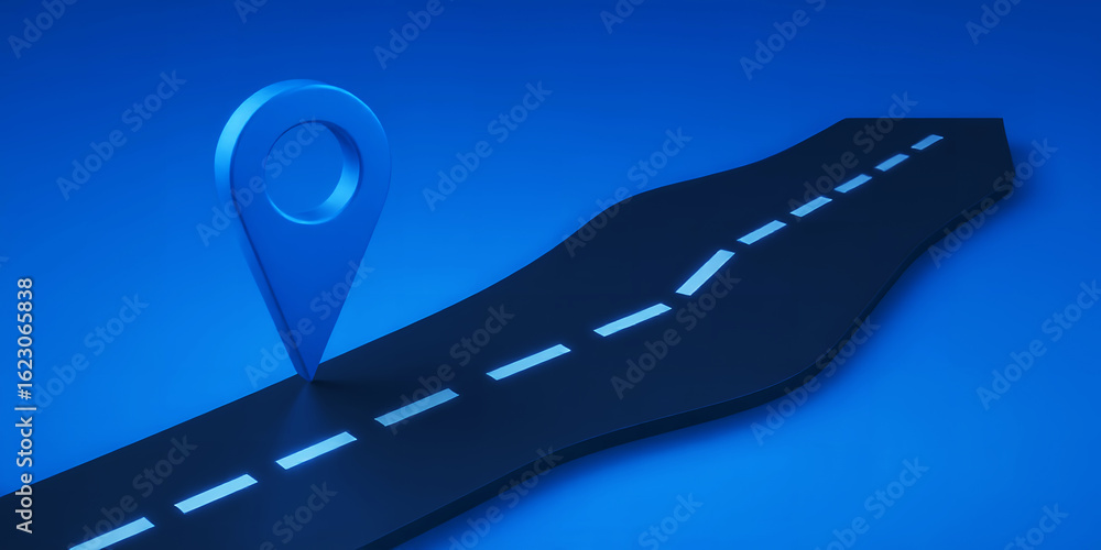 Poster a blue map pin on a road with dashed lines against a blue background in a 3d render