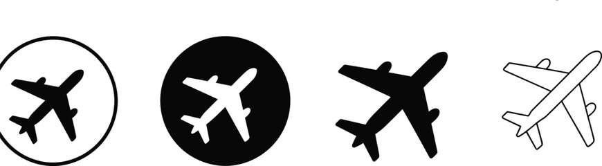 Airplane icon set, solid and outline styles, black and white aviation symbols, travel graphic pack, vector flight illustration, minimal design © MDMORSEDUL