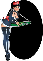 Pin-up waitress in maid costume carrying pizza, retro sexy servant illustration in vintage cartoon style