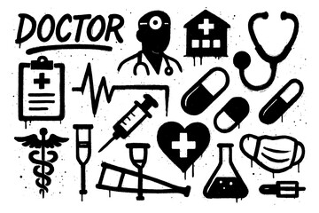 Healthcare icons with doctor, stethoscope, syringe and hospital in stencil graffiti style, Transparent Background