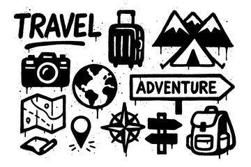 Travel elements with airplane, suitcase, passport and icons in spray stencil style, Transparent Background