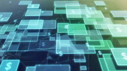An abstract visualization of digital finance with glowing blue and green blocks and currency symbols. - Powered by Adobe