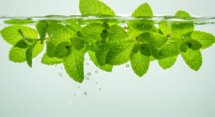 Fresh mint leaves submerged in water, perfect for your refreshing beverage or culinary creations, adding a touch of natural coolness and vibrant green to your visuals.