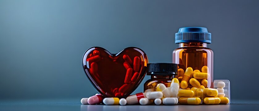 Heart-Shaped Container with Pills and Medicine Bottles