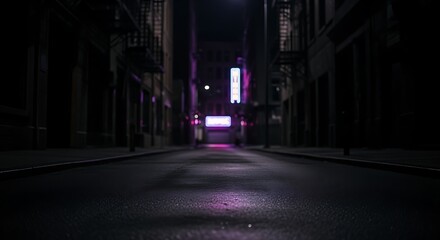 Fototapeta premium Low-Angle View of a Deserted Alley with Purple Neon Light Reflections