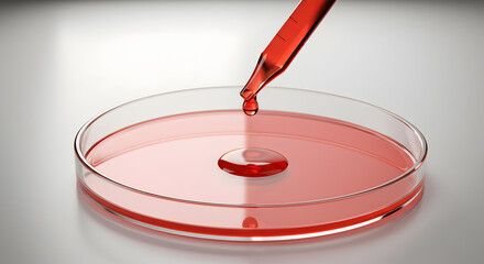 Red liquid being added to petri dish with a dropper in a scientific laboratory setting, showcasing medical research and development.