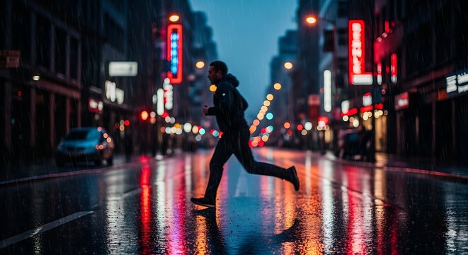 Lone Runner Sprints Through a Rainy City Night, Neon Lights Painting the Wet Streets.