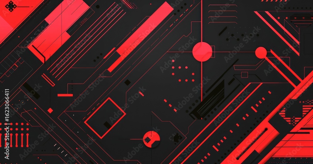 Aufkleber abstract digital design with red and black geometric patterns and lines.