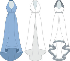 High-low dress vector set, blue and white variations, front view illustration, asymmetrical hemline, fashion mockup, elegant silhouette, apparel design