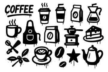 Coffee shop elements in bold stencil spray paint style, Transparent Background