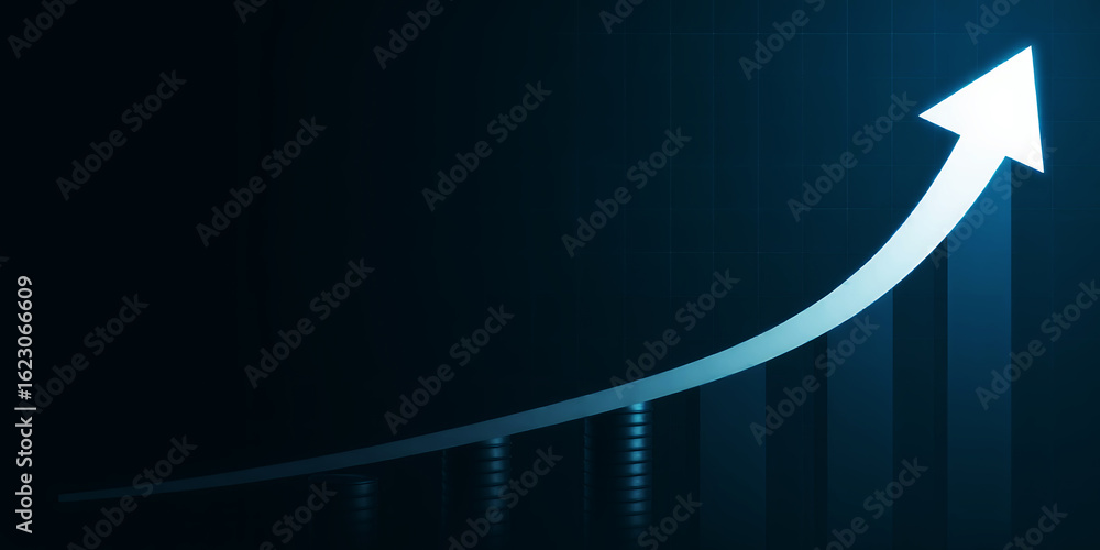 Poster a blue background with an arrow pointing upward indicating growth and progress chart