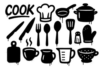 Kitchen and baking tools in stencil spray paint style, Transparent Background