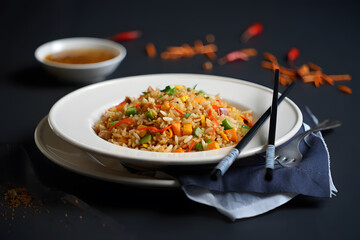 Delicious Vegetable Fried Rice: Gourmet Food Photography, Dark Moody Style