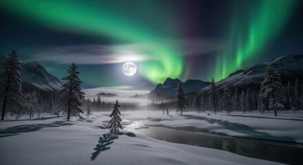 Spectacular Northern Lights dance above snowy mountain landscape under a bright full moon