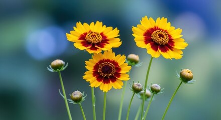 Fototapeta premium Radiant coreopsis tinctoria flowers with vibrant yellow petals and deep crimson centers