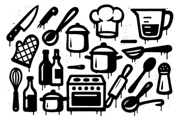 Kitchen and baking tools in stencil spray paint style, Transparent Background