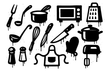 Kitchen and baking tools in stencil spray paint style, Transparent Background