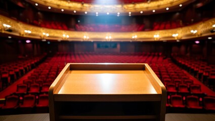 Podium in an empty theater with red seats and a spotlight