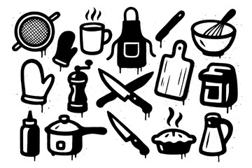 Obraz premium Kitchen and baking tools in stencil spray paint style, Transparent Background